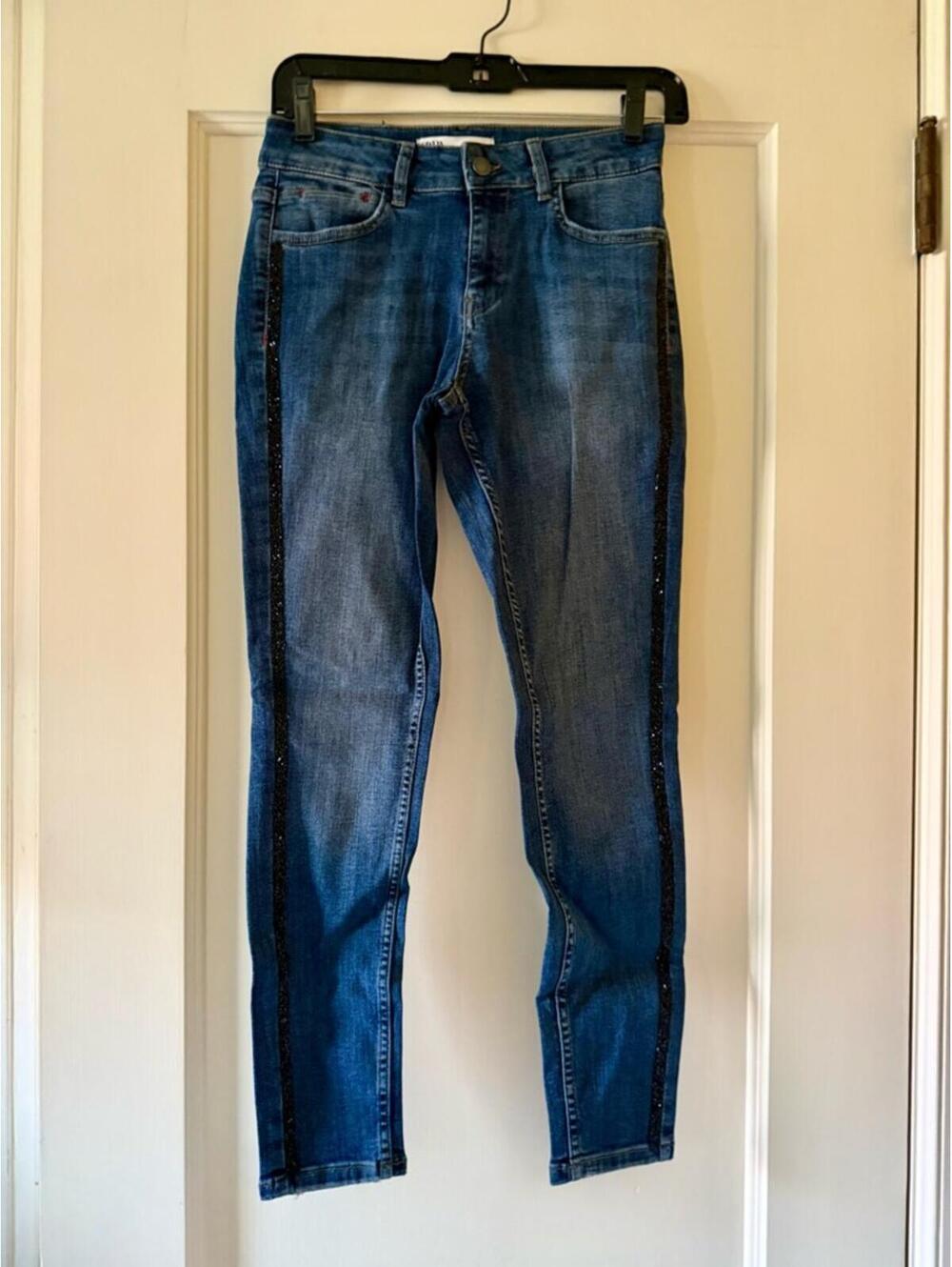 Zara Basic Denim jeans distressed with black beaded side tuxedo side - 4